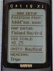 Garmin GPS 12XL:s NAV SETUP d alla instllningar r rtt stta fr Finland och btkning